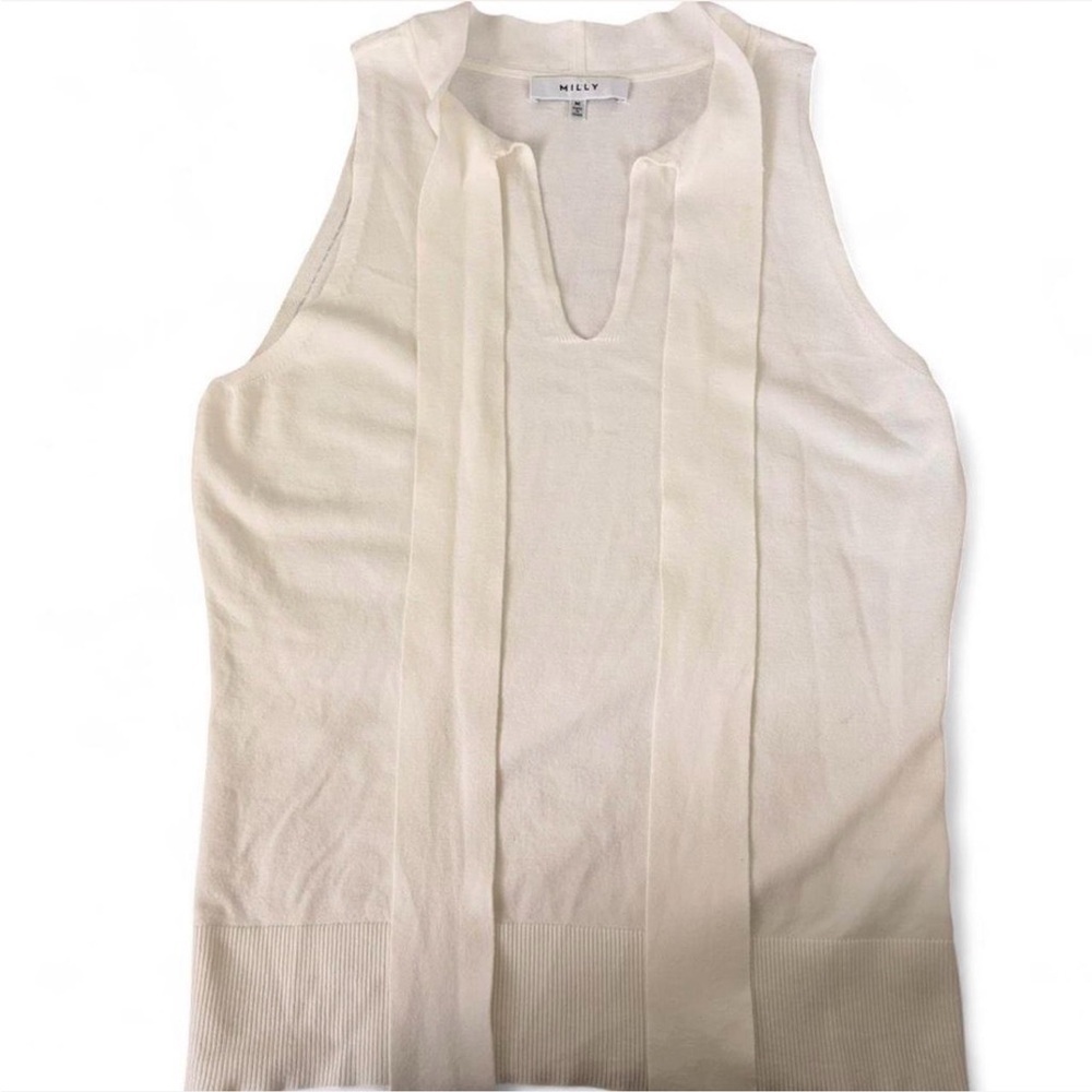 Milly Cream Sleeveless Split-Neck Knit Tank Top